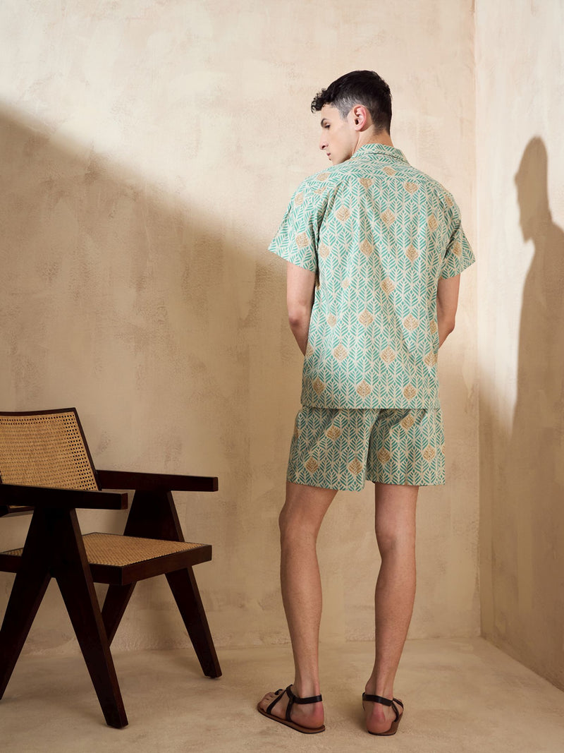 Men's Green Block Printed Coord Set | Printed Shirt With Shorts