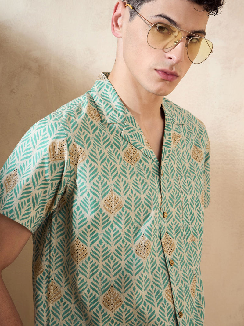 Men's Green Block Printed Coord Set | Printed Shirt With Shorts