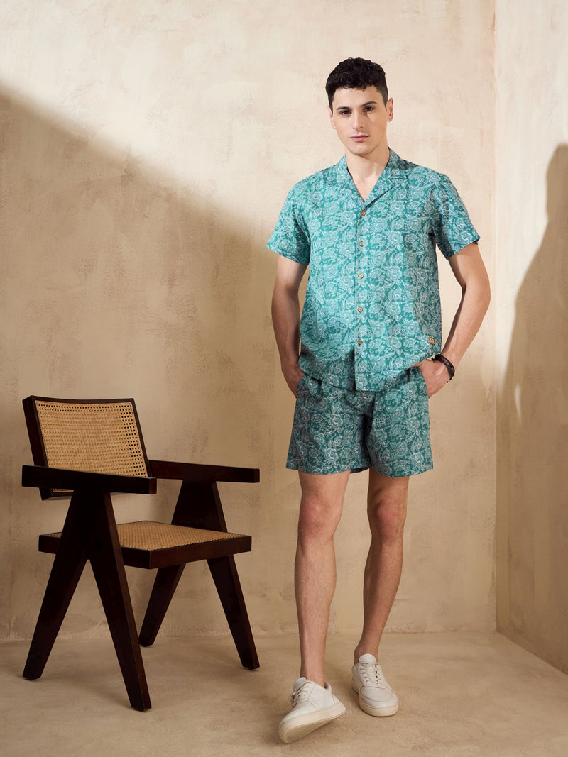 Men's Green Block Printed Coord Set | Printed Shirt With Shorts