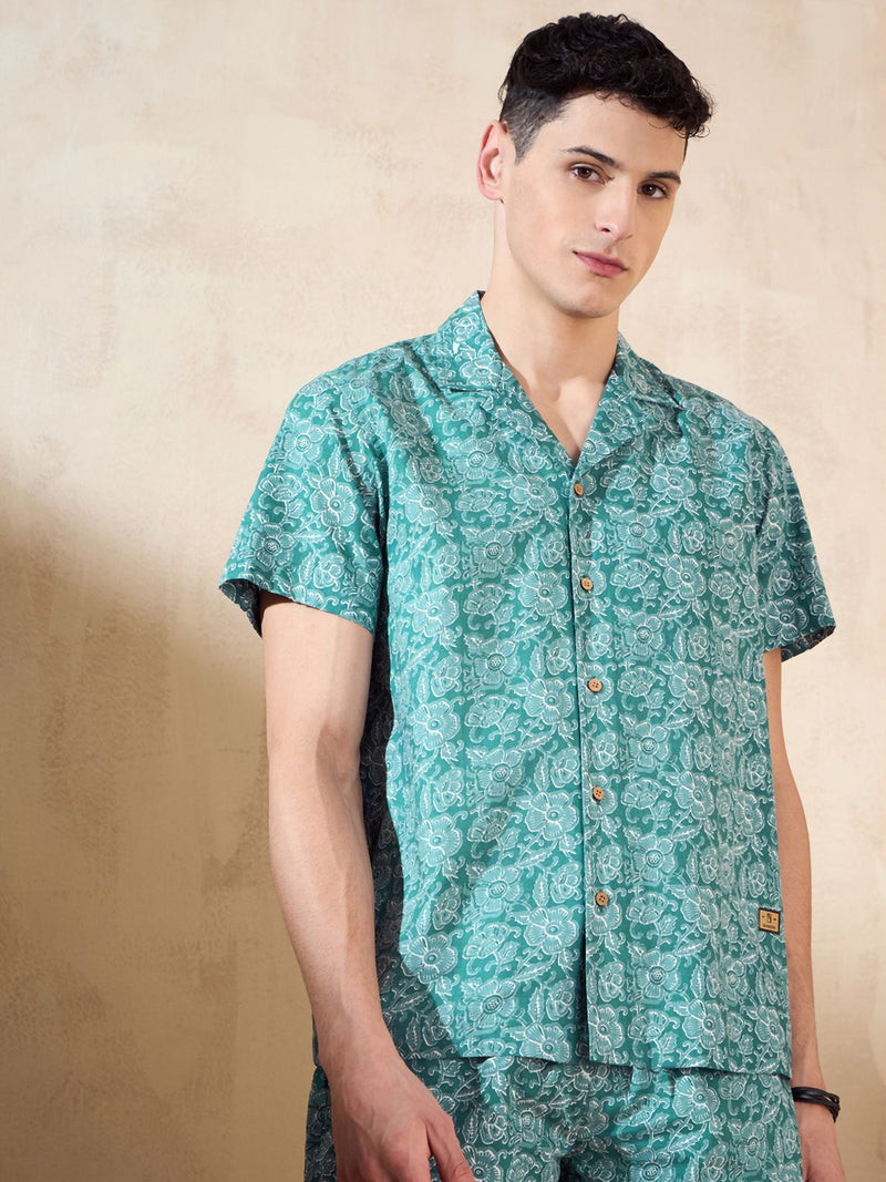 Men's Green Block Printed Coord Set | Printed Shirt With Shorts