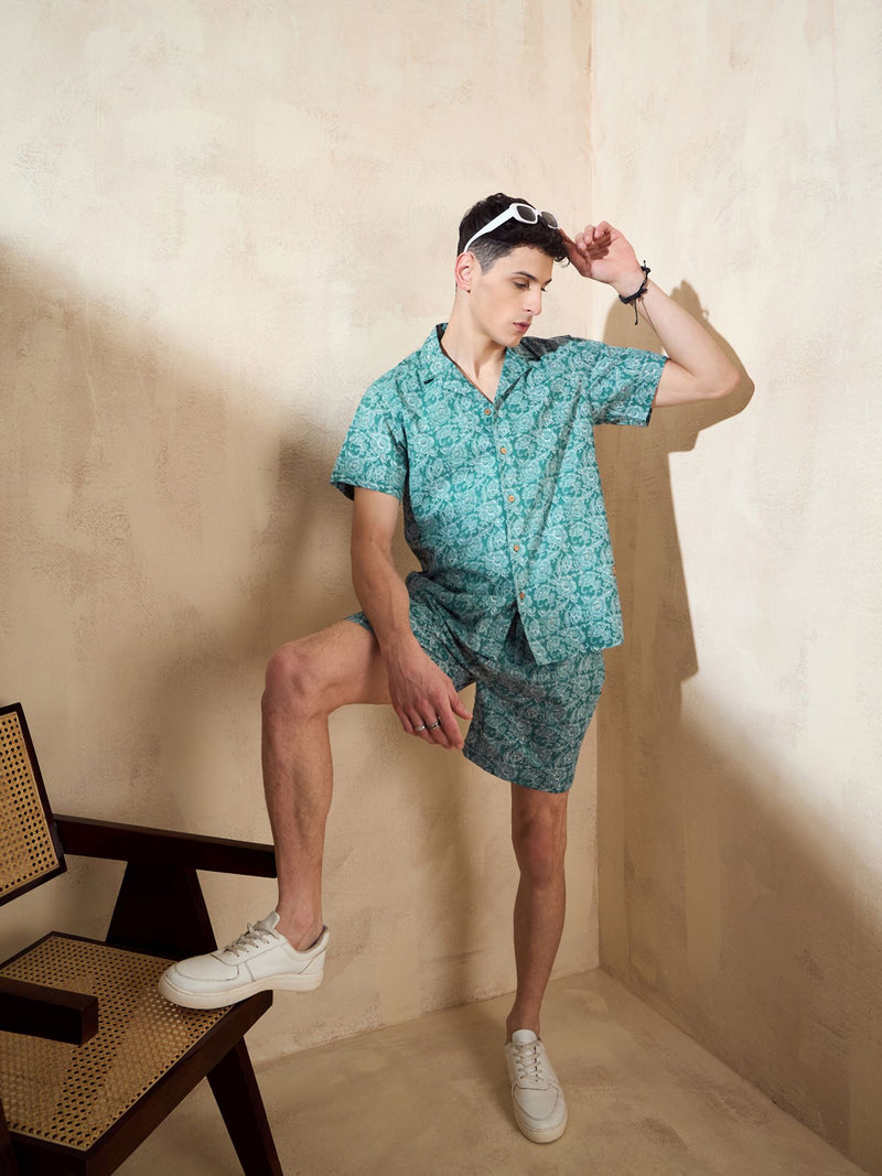 Men's Green Block Printed Coord Set | Printed Shirt With Shorts