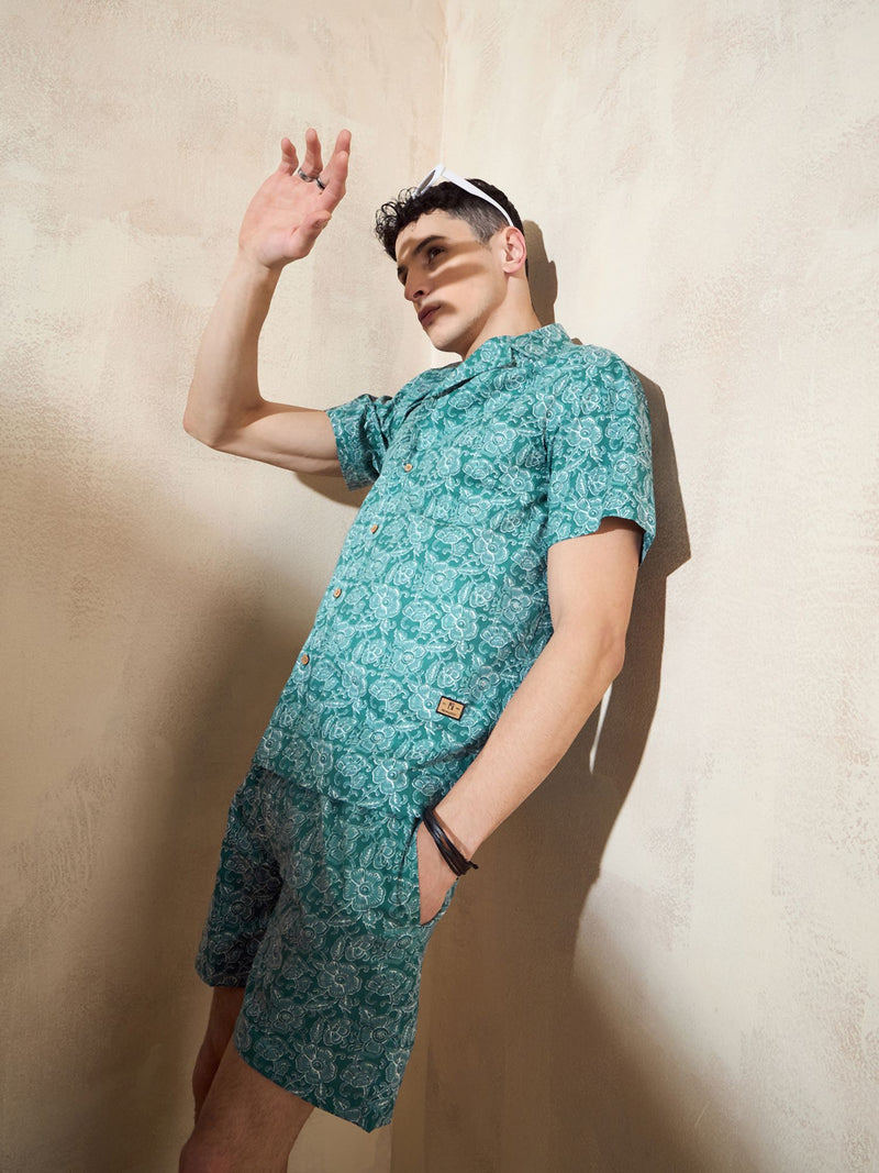 Men's Green Block Printed Coord Set | Printed Shirt With Shorts