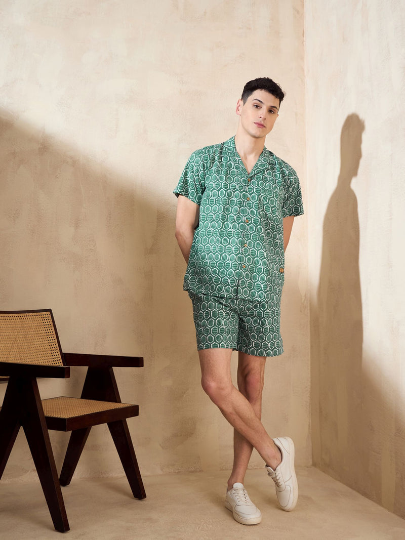 Men's Green Block Printed Coord Set | Printed Shirt With Shorts
