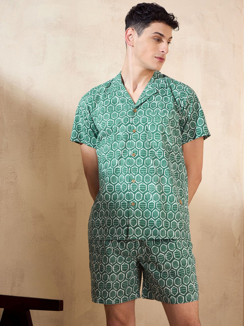 Men's Green Block Printed Coord Set | Printed Shirt With Shorts