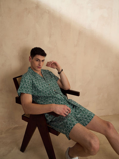 Men's Green Block Printed Coord Set | Printed Shirt With Shorts
