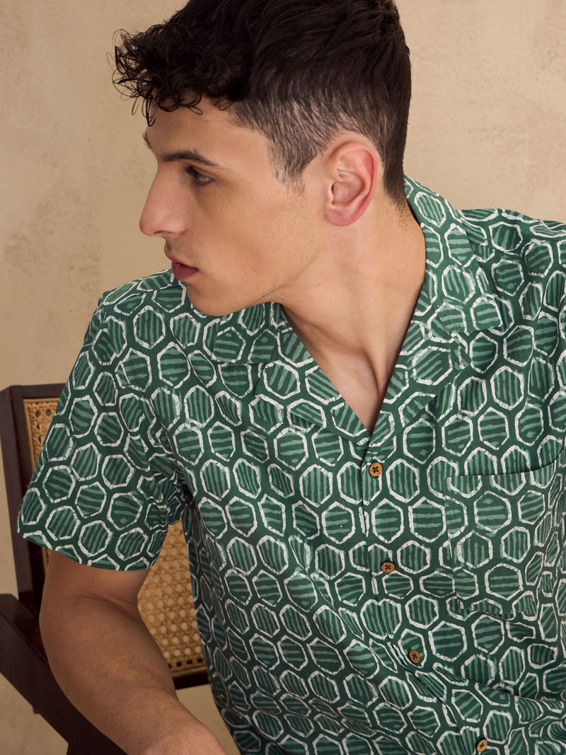 Men's Green Block Printed Coord Set | Printed Shirt With Shorts