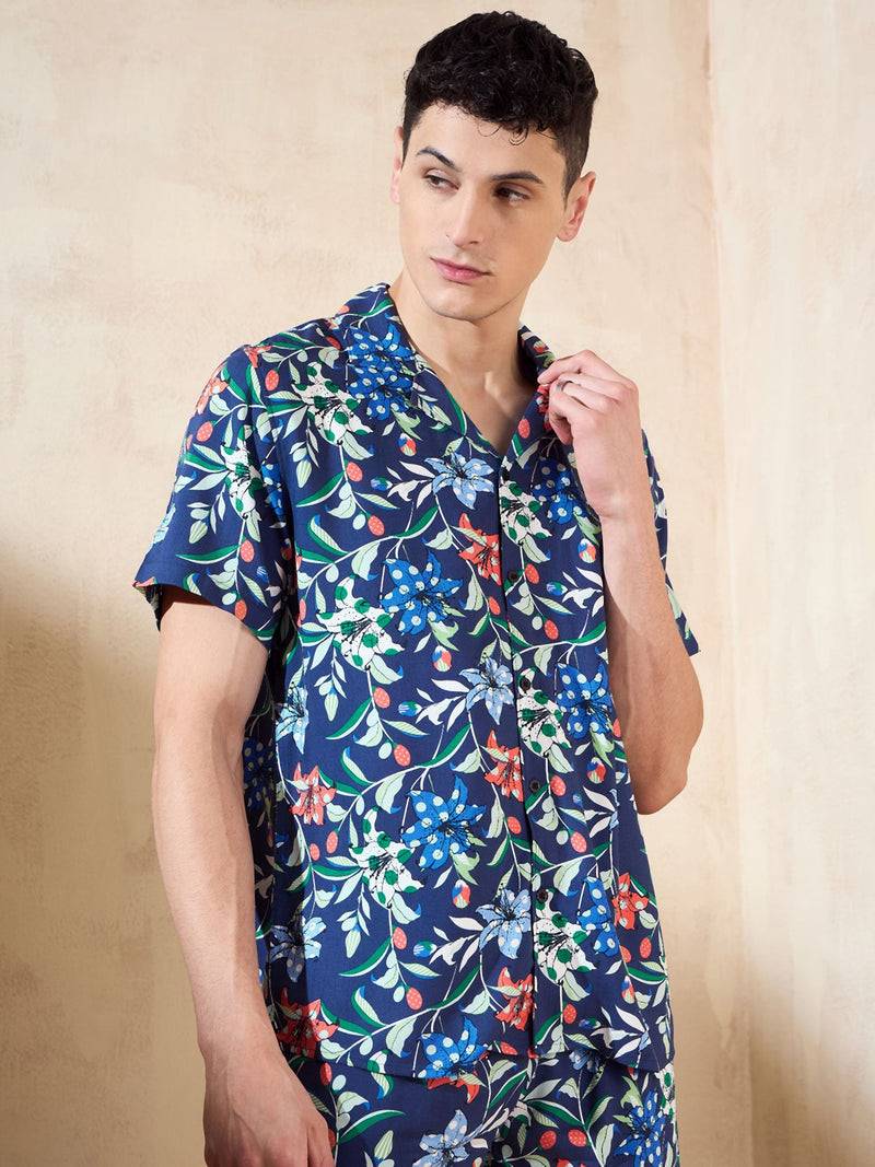 Men's Blue Comfort Fit Coord Set | Printed Shirt With Shorts