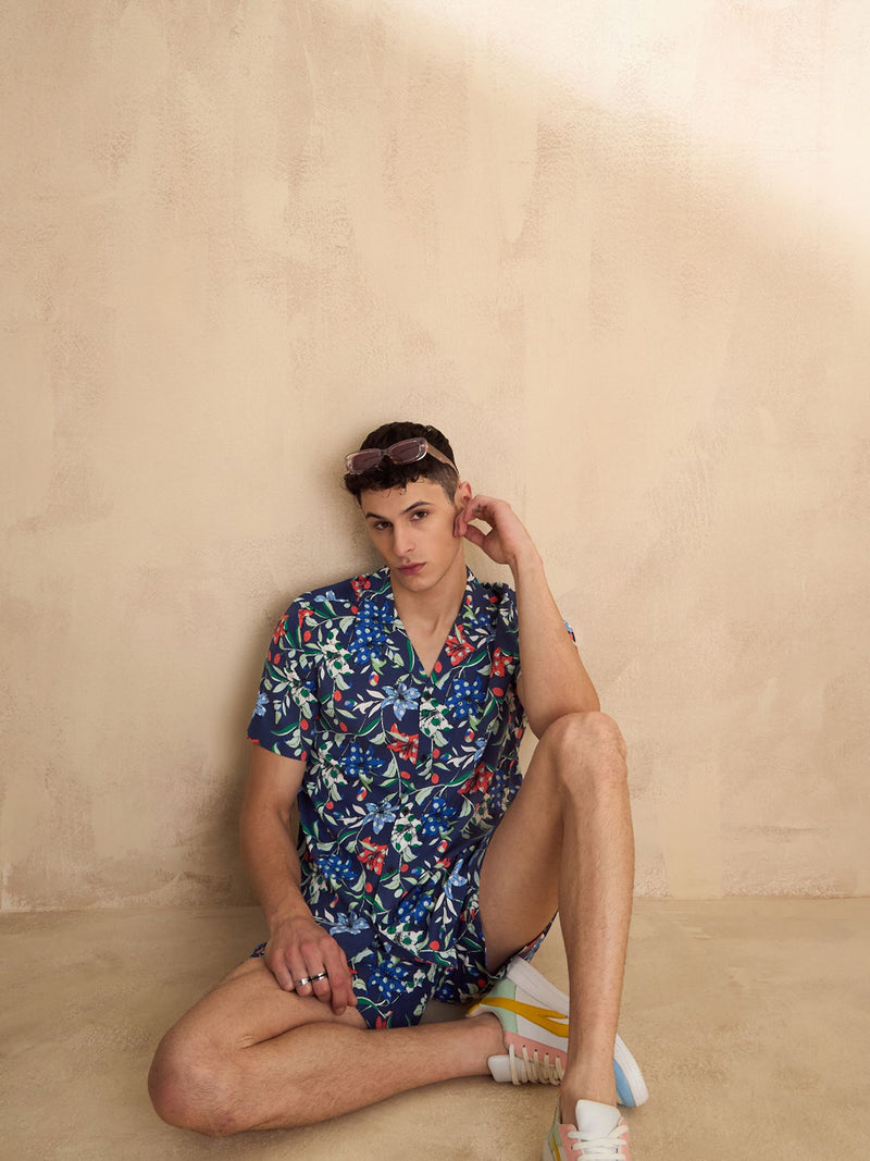 Men's Blue Comfort Fit Coord Set | Printed Shirt With Shorts