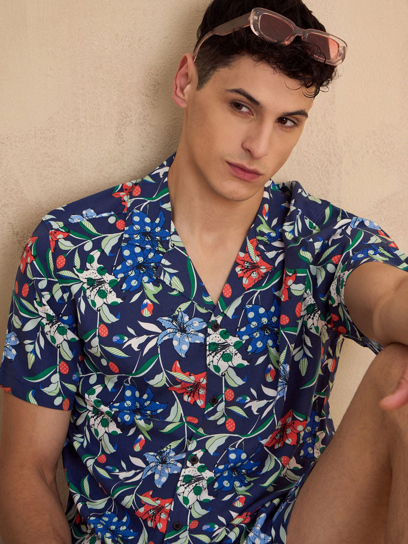 Men's Blue Comfort Fit Coord Set | Printed Shirt With Shorts