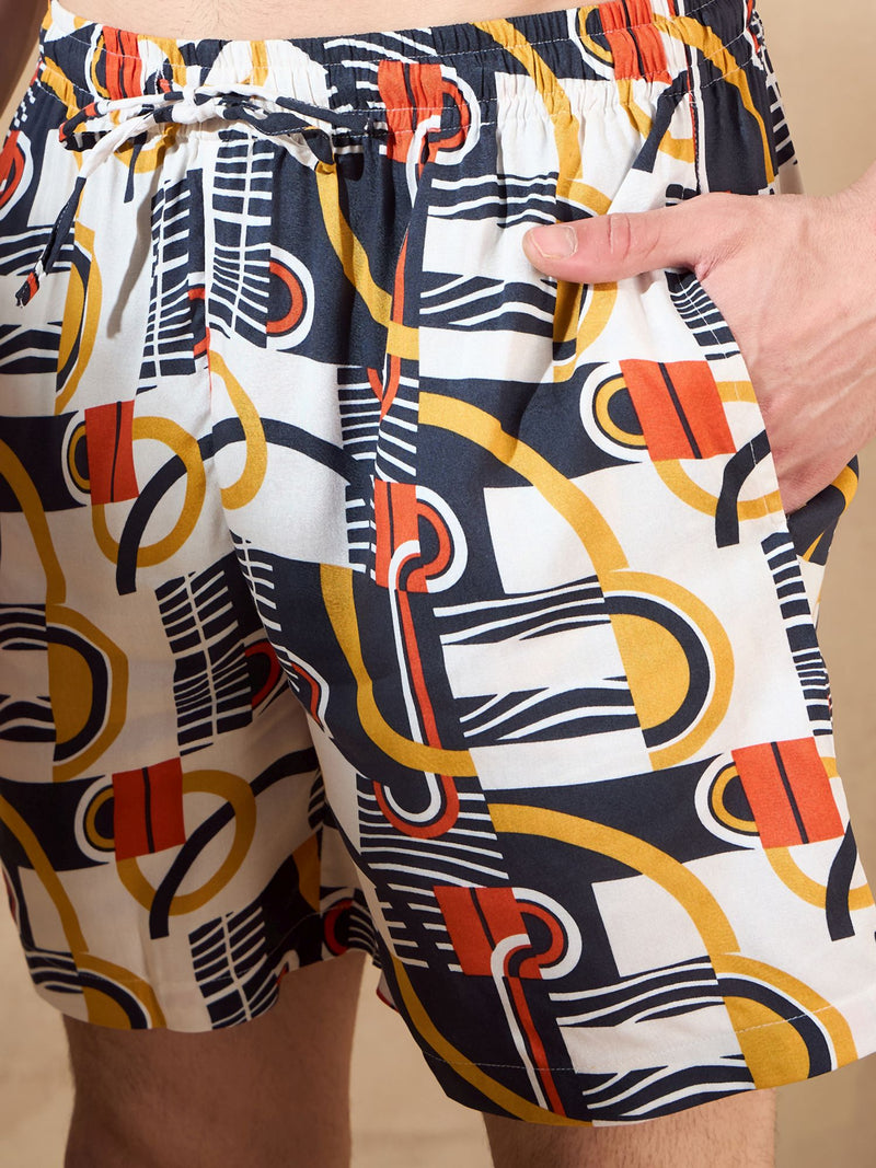 Men's Off White Comfort Fit Coord Set | Printed Shirt With Shorts