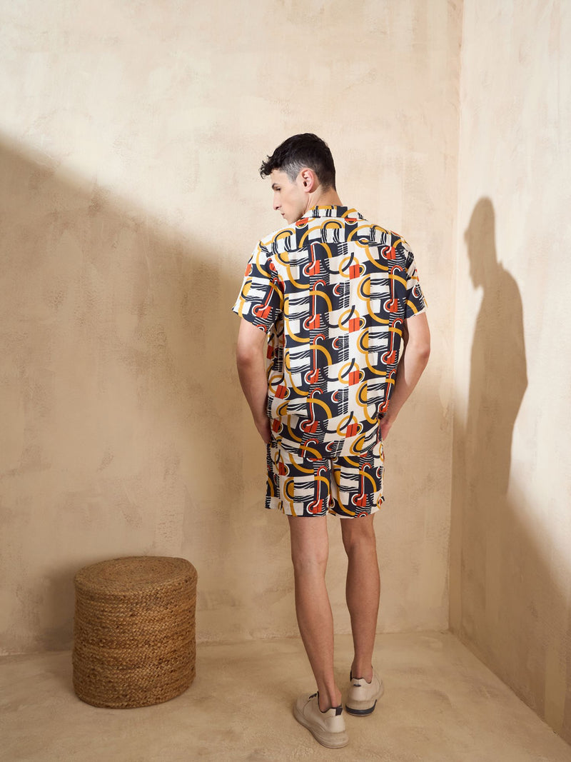 Men's Off White Comfort Fit Coord Set | Printed Shirt With Shorts