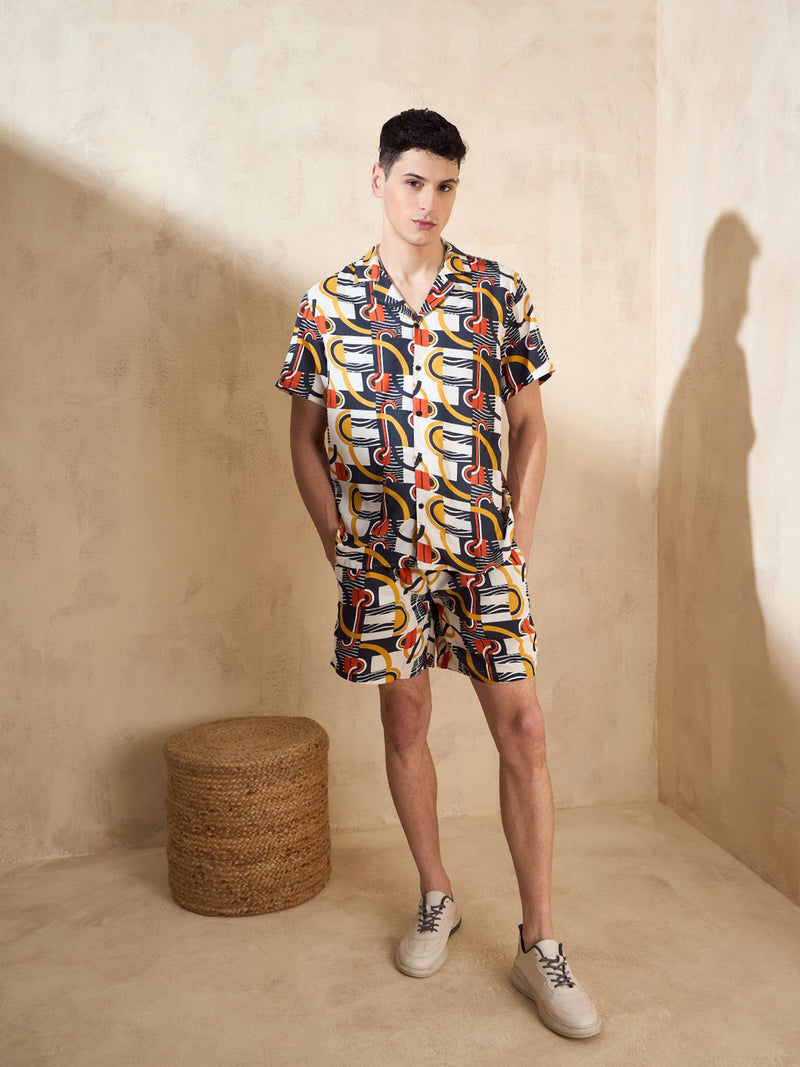 Men's Off White Comfort Fit Coord Set | Printed Shirt With Shorts