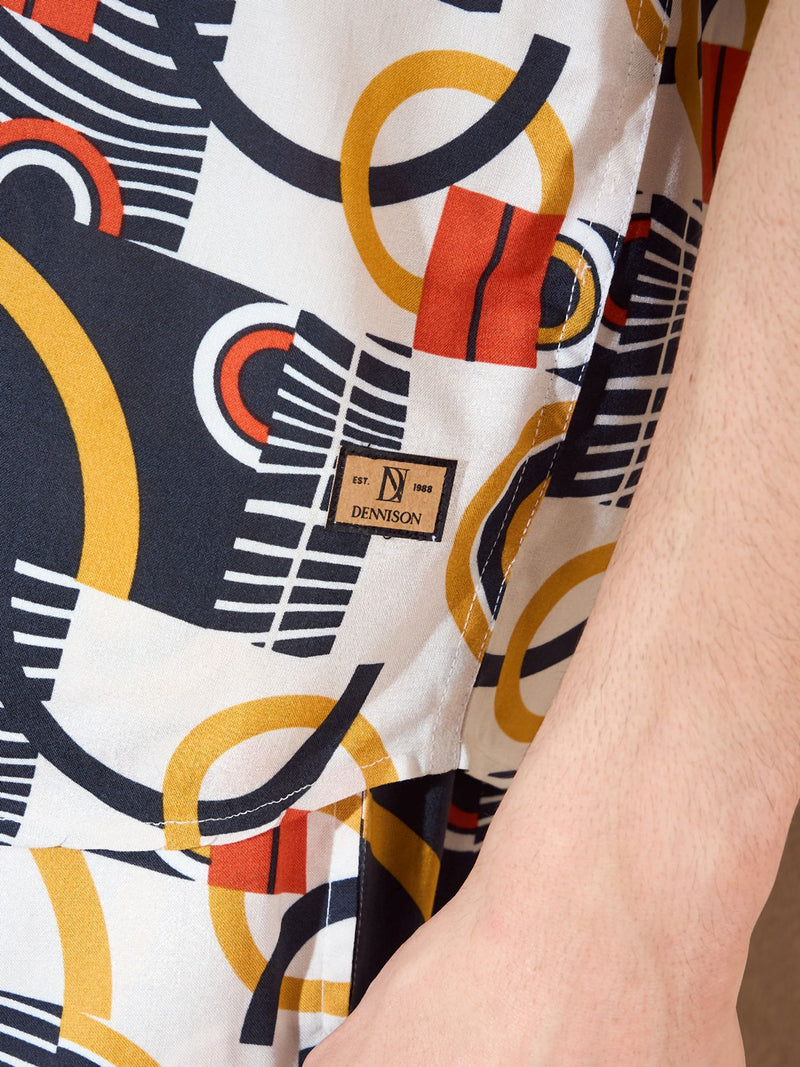 Men's Off White Comfort Fit Coord Set | Printed Shirt With Shorts