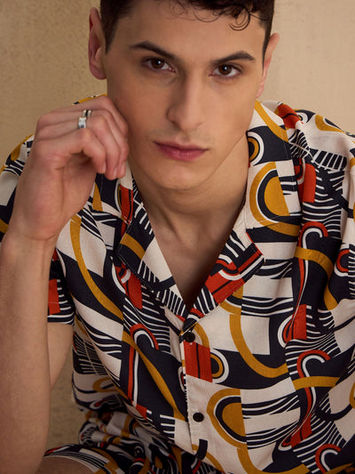 Men's Off White Comfort Fit Coord Set | Printed Shirt With Shorts