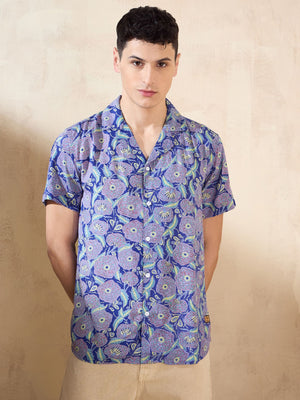 Dennison men's dark blue floral printed shirt front view