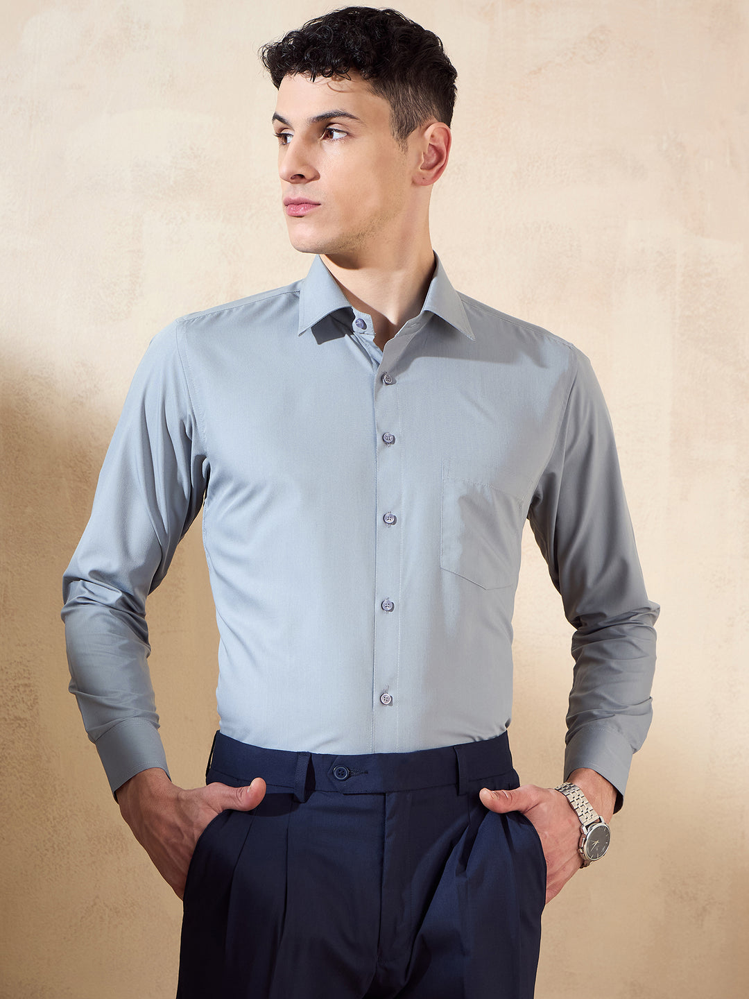 Grey: Spread Collar Shirt