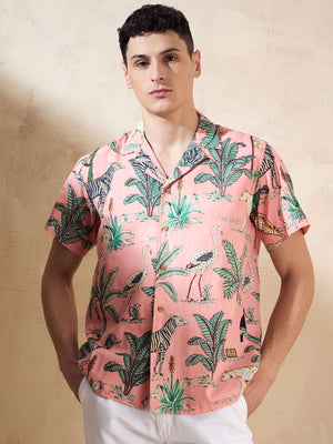 Dennison men's baby pink tropical printed shirt front view
