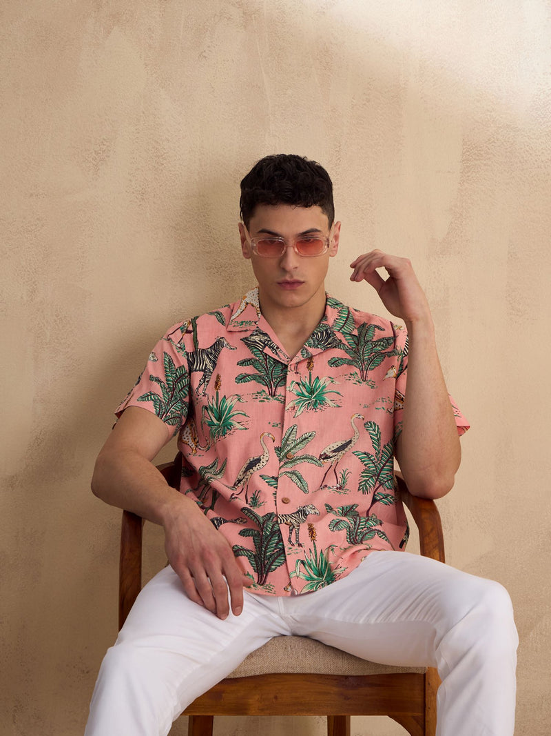 Baby Pink: Half Sleeves Tropical Printed Shirt