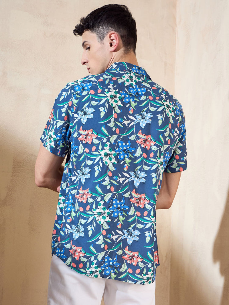 Blue: Half Sleeves Floral Printed Shirt