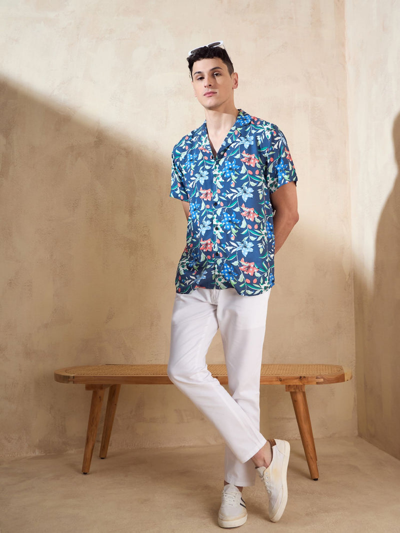 Blue: Half Sleeves Floral Printed Shirt