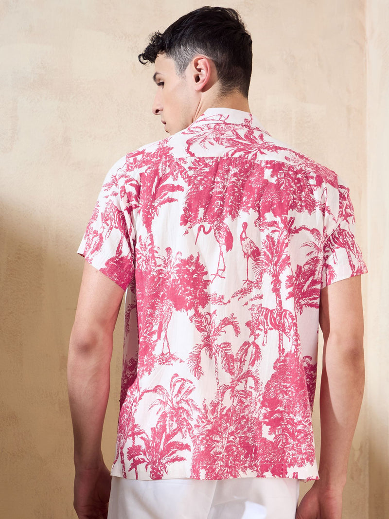 Off White & Red: Half Sleeves Tropical Printed Shirt
