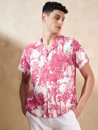 Off White & Red: Half Sleeves Tropical Printed Shirt