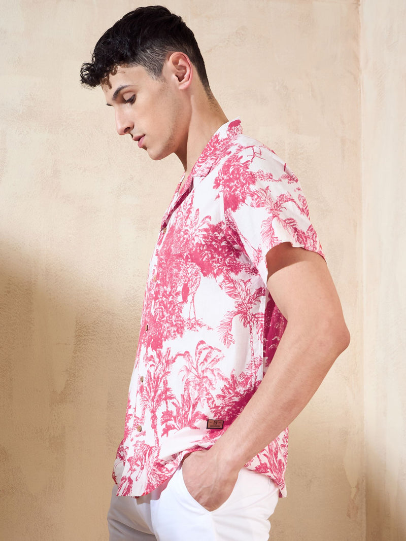 Off White & Red: Half Sleeves Tropical Printed Shirt