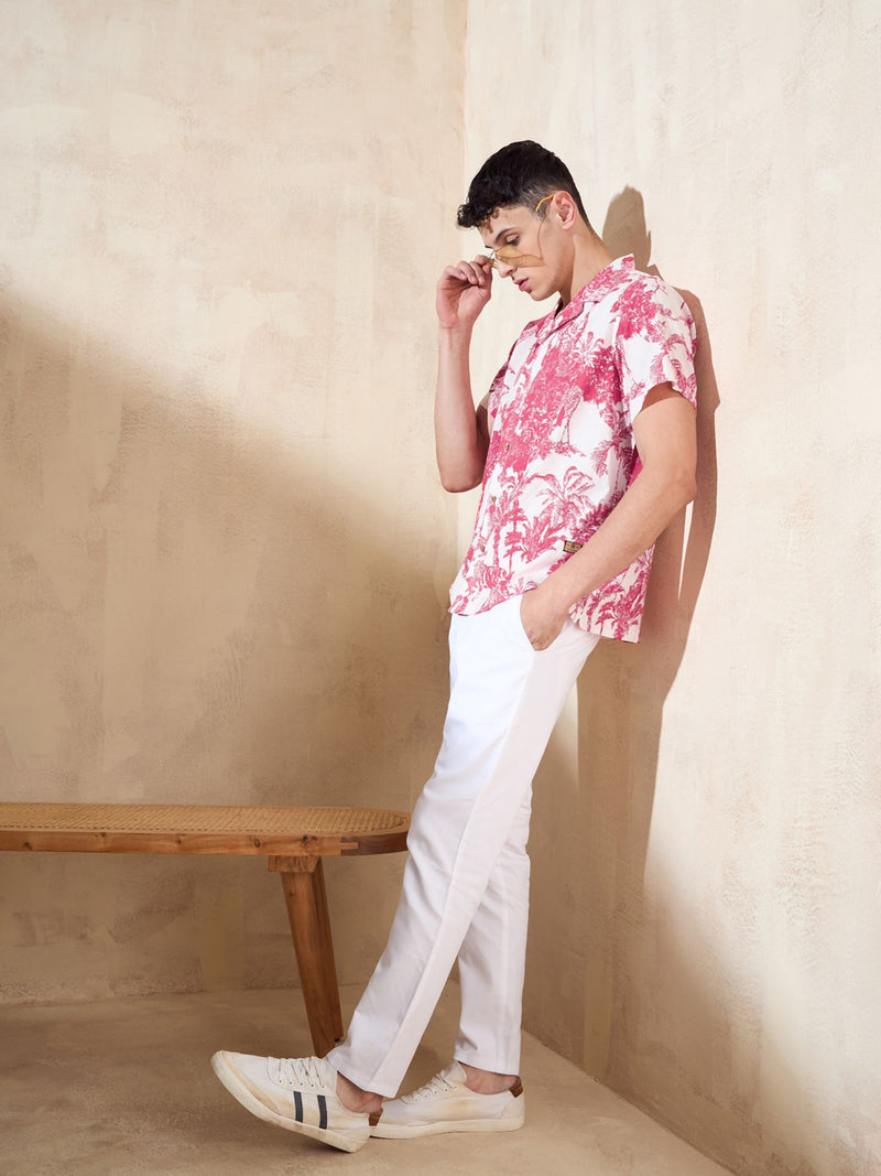 Off White & Red: Half Sleeves Tropical Printed Shirt