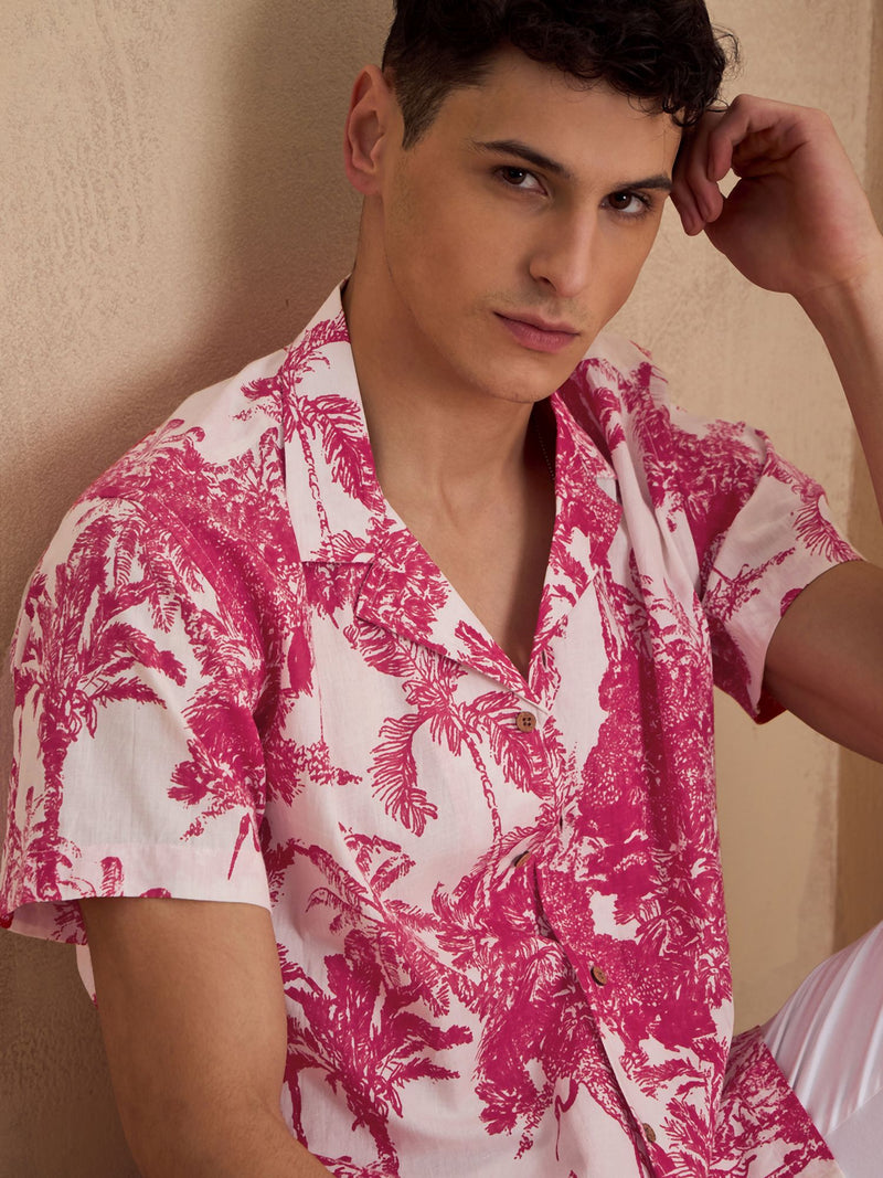 Off White & Red: Half Sleeves Tropical Printed Shirt