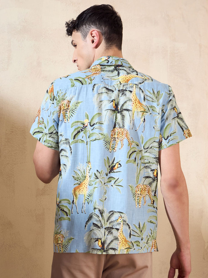 Light Blue & Green: Tropical Printed Shirt