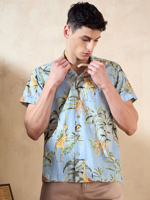 Dennison men's light blue tropical printed shirt front view