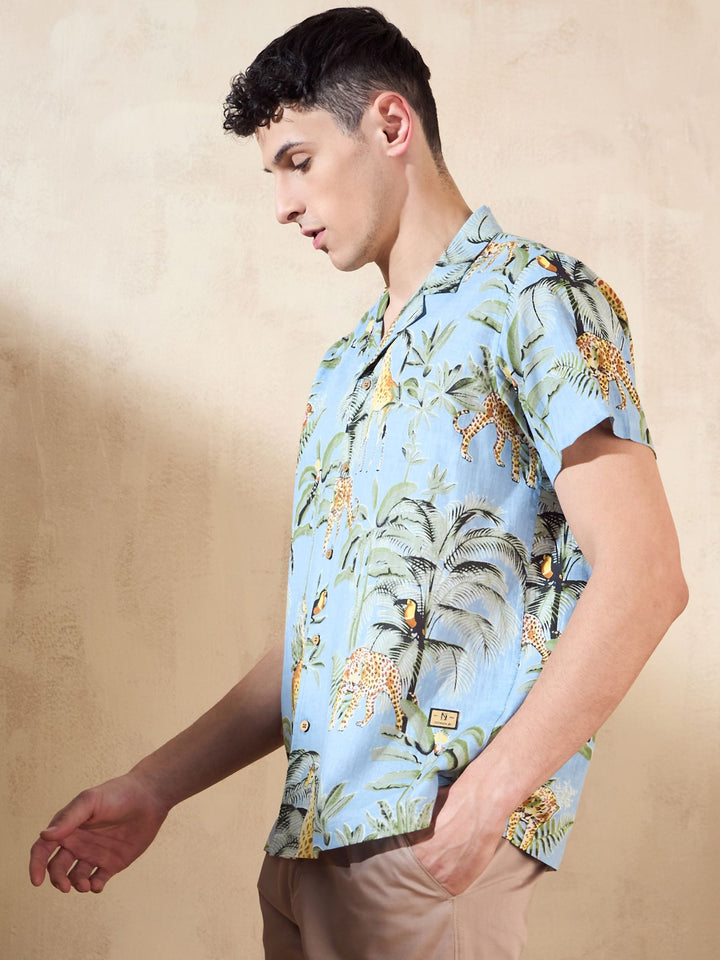 Light Blue & Green: Tropical Printed Shirt