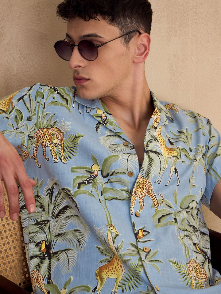 Light Blue & Green: Tropical Printed Shirt