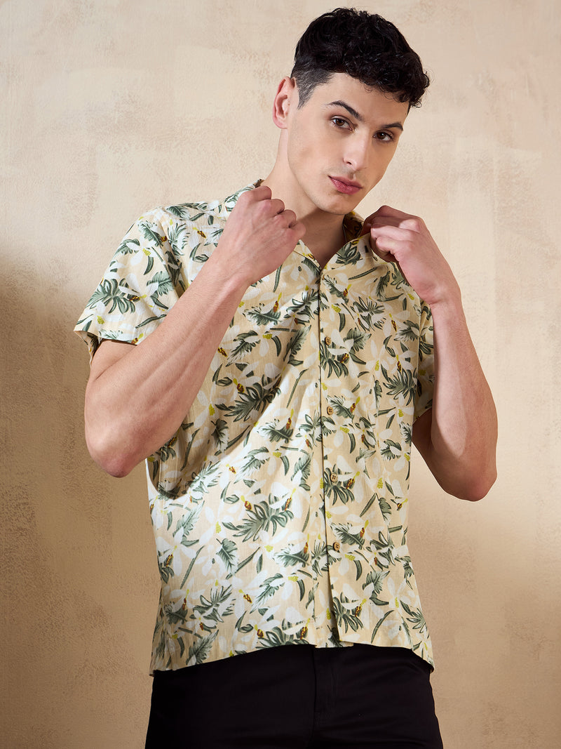 Peach: Half Sleeves Floral Printed Shirt