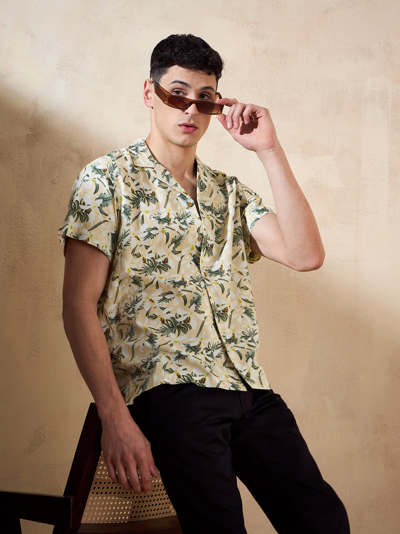 Peach: Half Sleeves Floral Printed Shirt