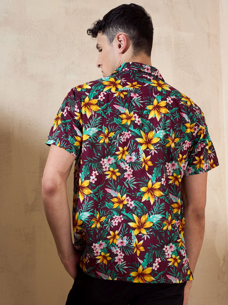 Maroon: Half Sleeves Floral Printed Shirt