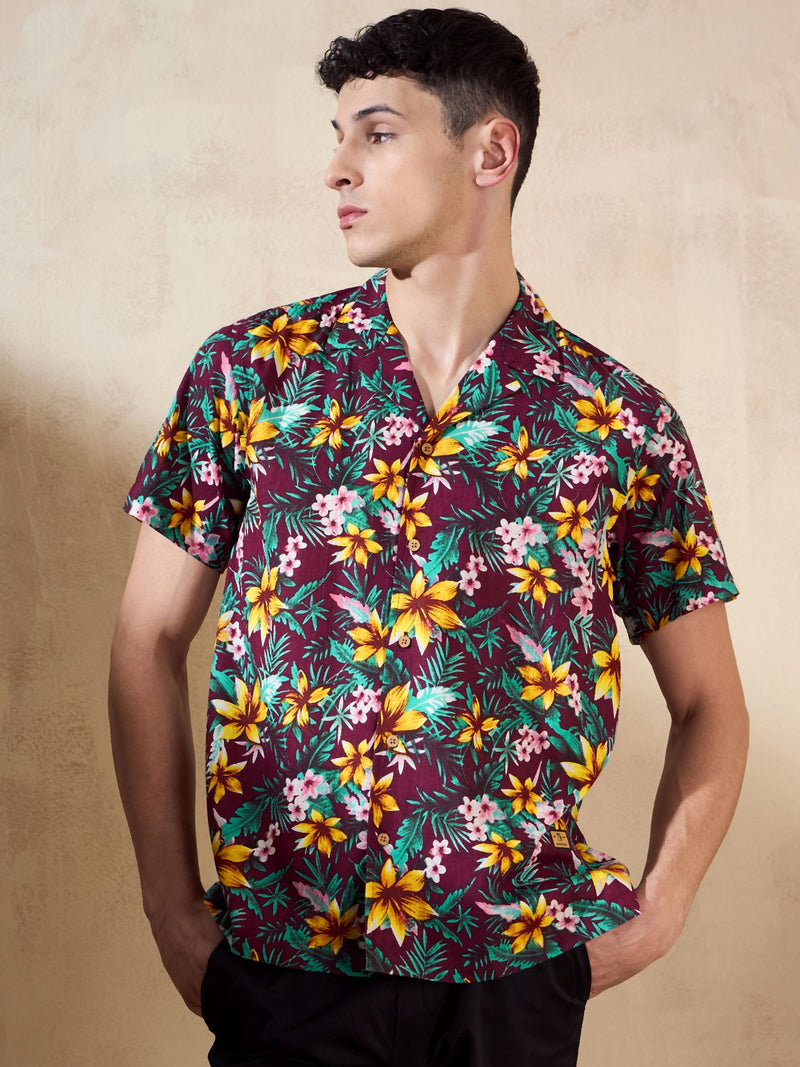 Maroon: Half Sleeves Floral Printed Shirt