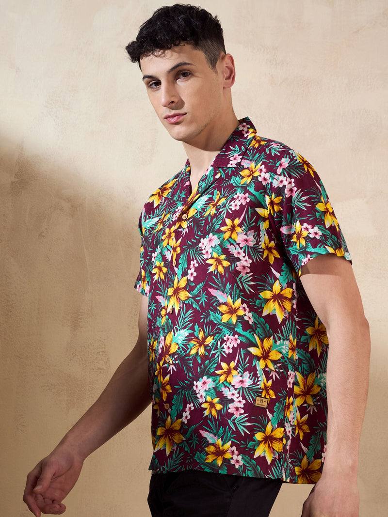 Maroon: Half Sleeves Floral Printed Shirt