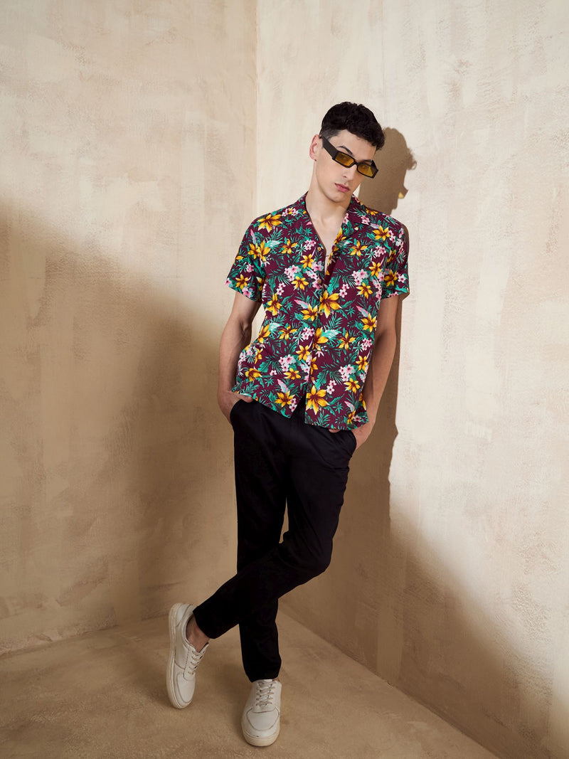 Maroon: Half Sleeves Floral Printed Shirt