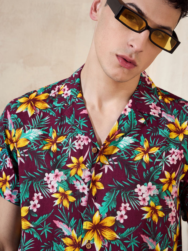 Maroon: Half Sleeves Floral Printed Shirt