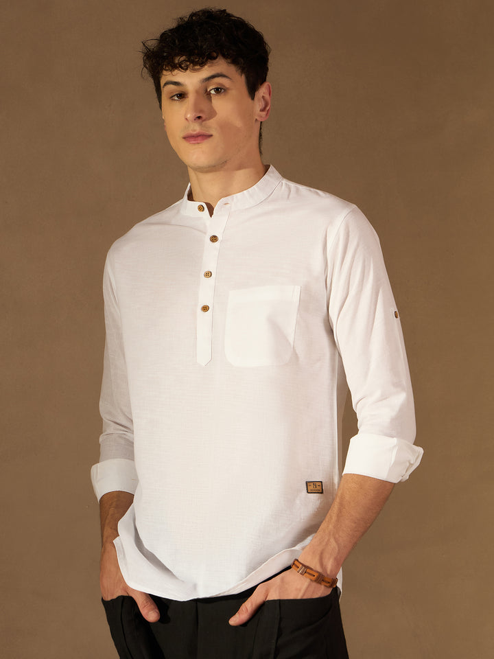 Men White Solid Straight Pure Cotton Short Kurta