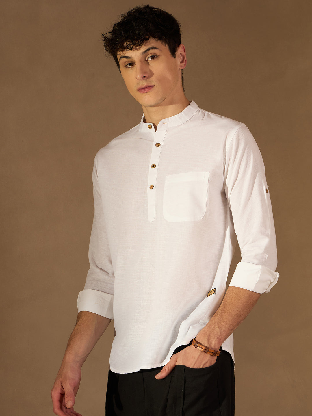 Men White Solid Straight Pure Cotton Short Kurta