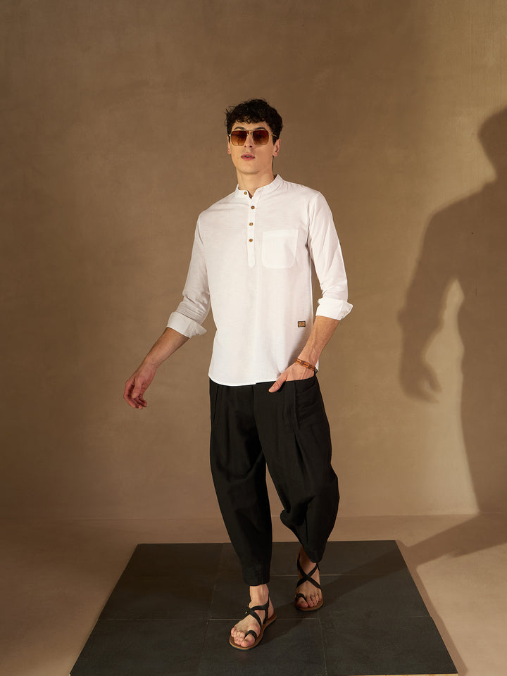 Men White Solid Straight Pure Cotton Short Kurta