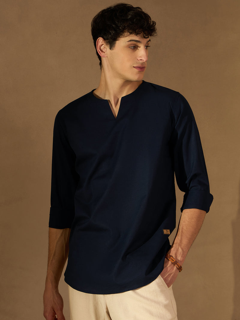 DENNISON Men Navy Blue Solid Pure Cotton Indigo Kurta