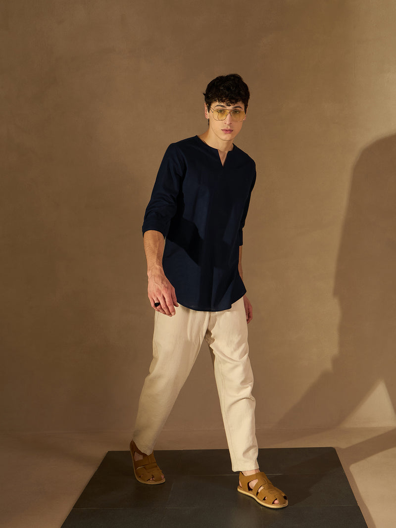 DENNISON Men Navy Blue Solid Pure Cotton Indigo Kurta
