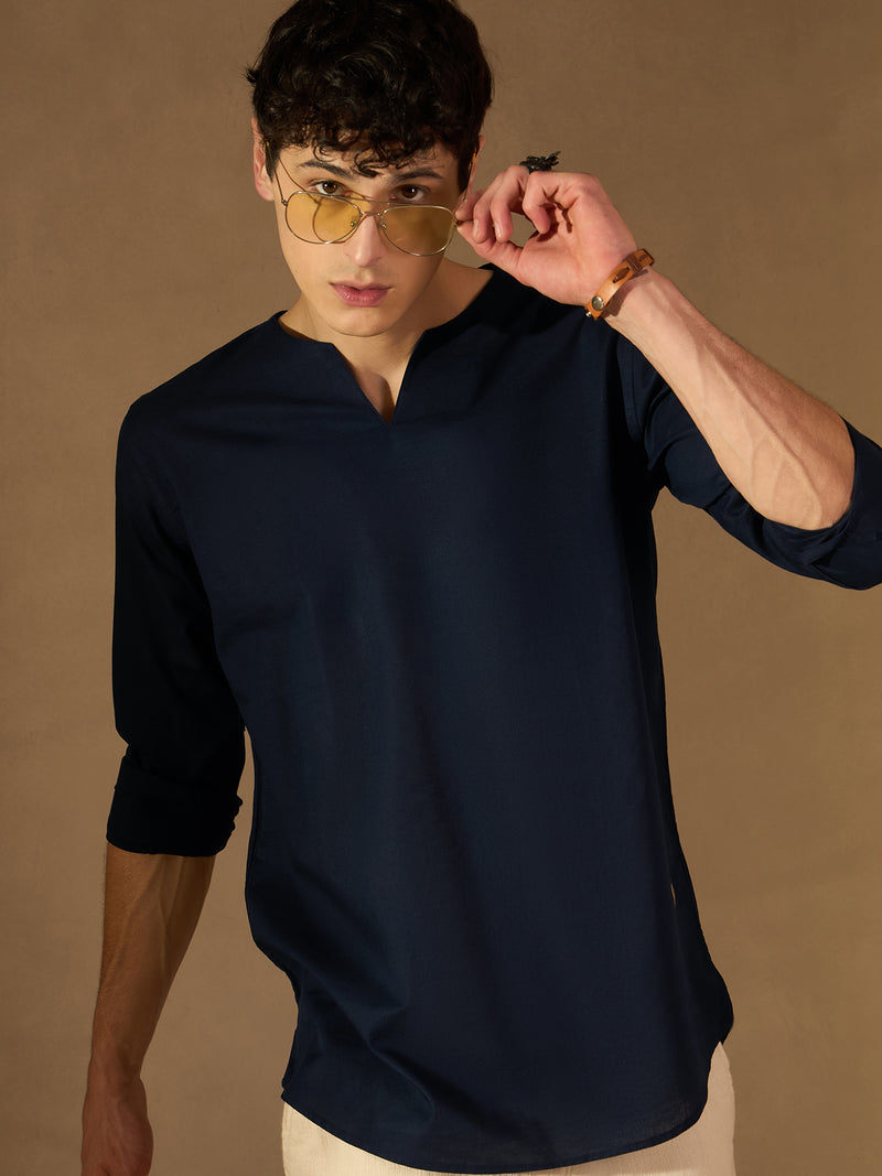 DENNISON Men Navy Blue Solid Pure Cotton Indigo Kurta