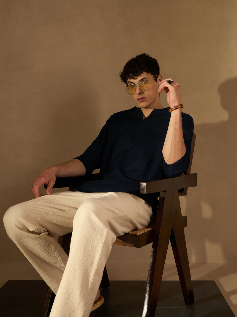 DENNISON Men Navy Blue Solid Pure Cotton Indigo Kurta