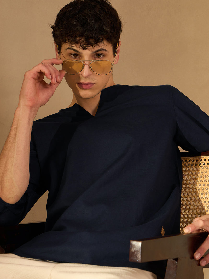 DENNISON Men Navy Blue Solid Pure Cotton Indigo Kurta