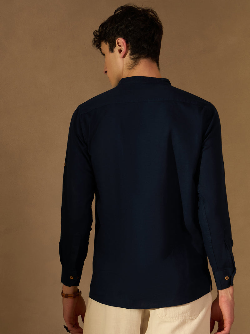 DENNISON Men Navy Blue Solid Straight Pure Cotton Short Kurta