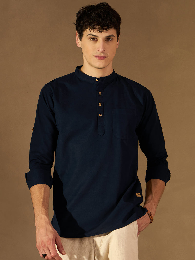 DENNISON Men Navy Blue Solid Straight Pure Cotton Short Kurta